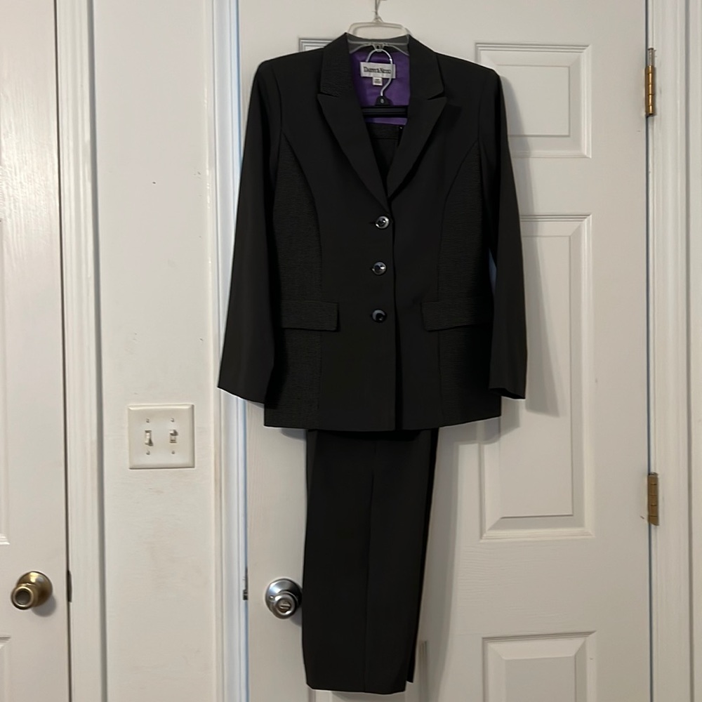 Danny and Nicole pantsuit. Pinstriped, elastic waist in the back for comfort.